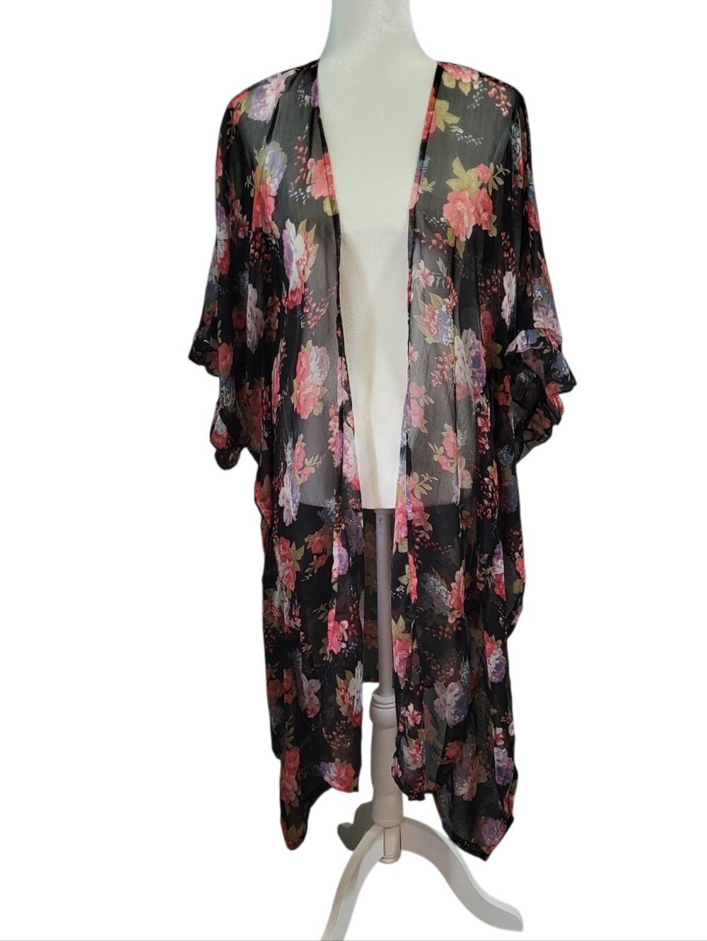 Betsey Johnson Duster Kimono Swimsuit Coverup Floral Sheer Black One Size Boho